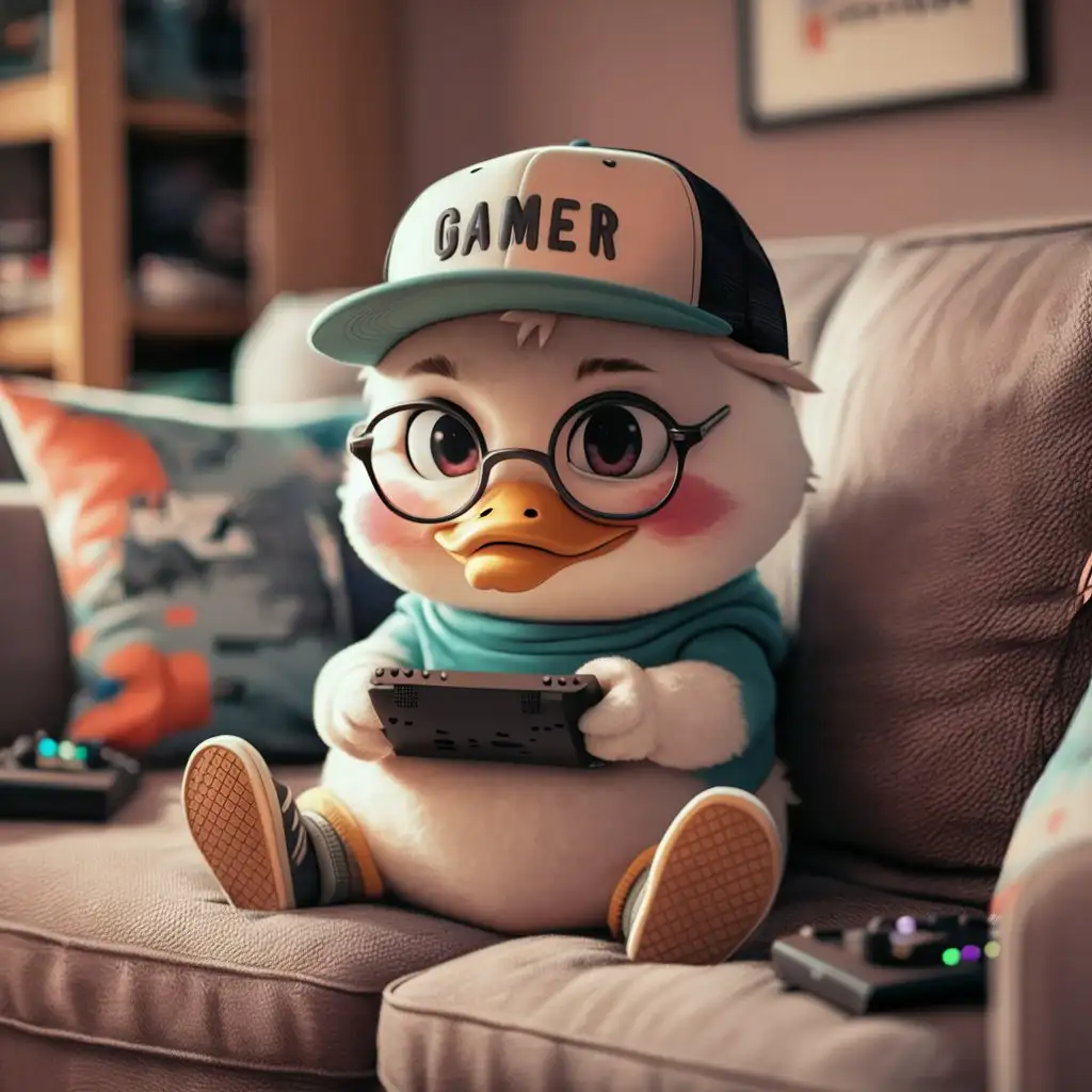 create image of young  fat duck with hat with say ' GAMER ' and casual shoes play a console game. wear glasses. cute anime style