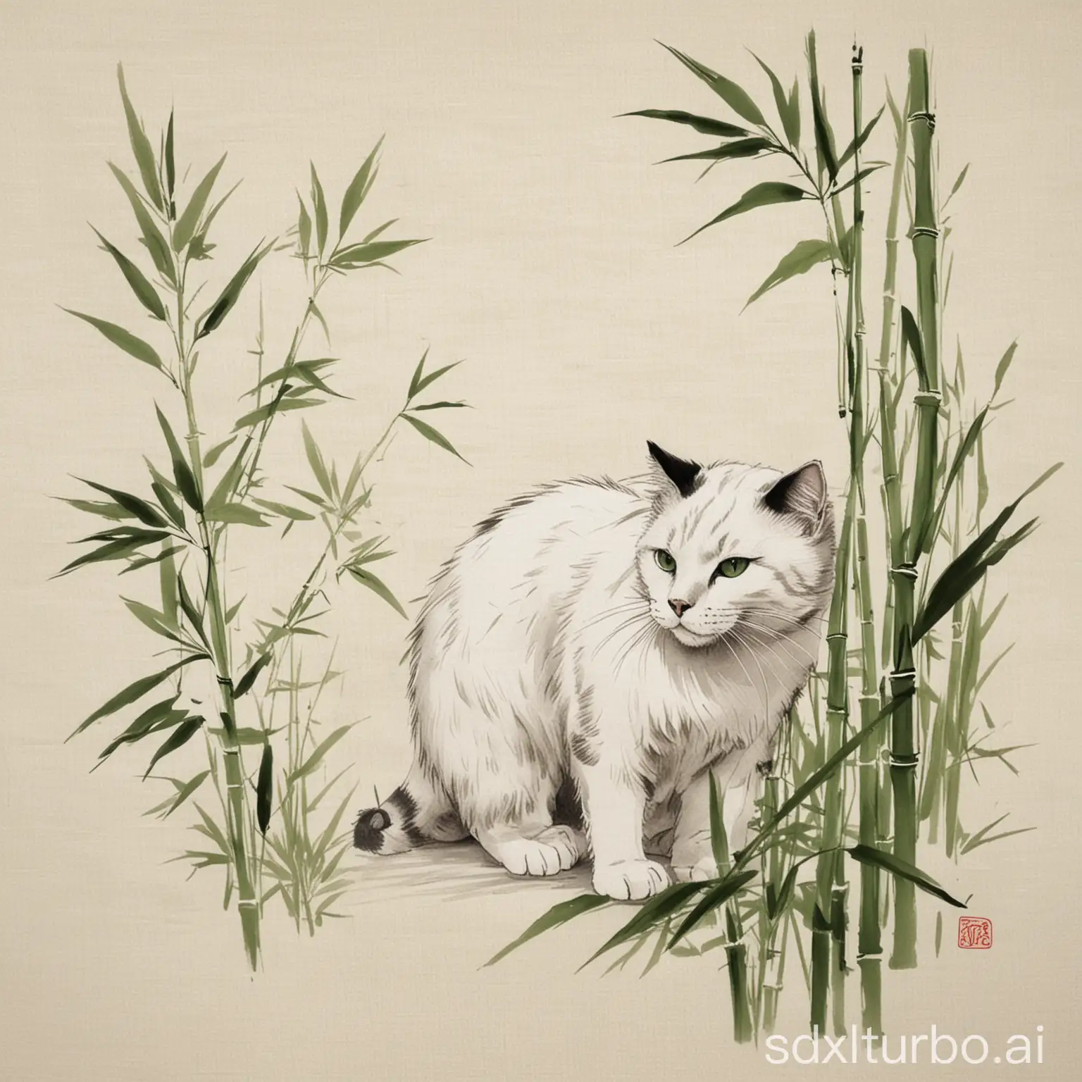 bamboo hand drawing, made on white cloth, sumie style, green leafs and stalks, a cat in profile is drawn too