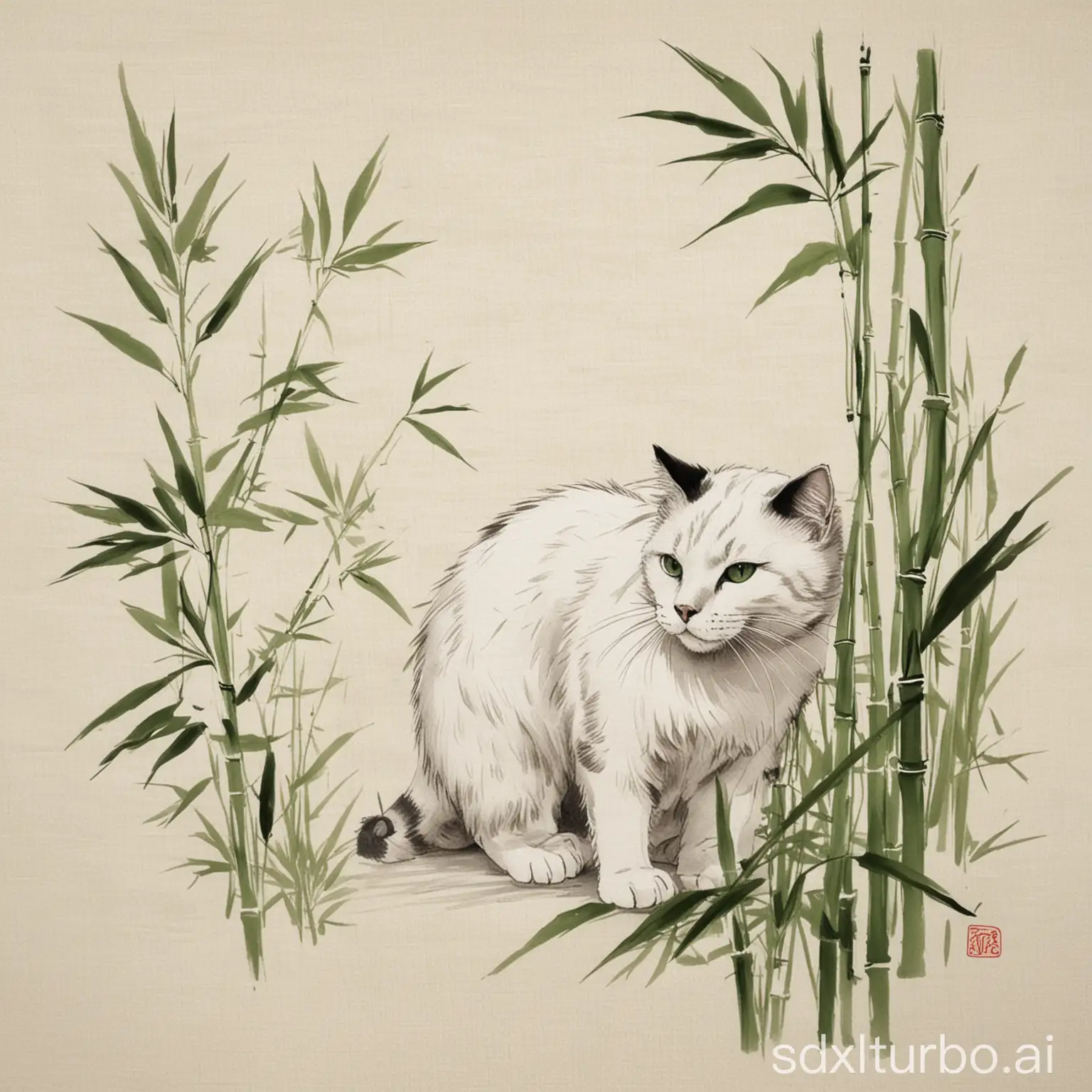 bamboo hand drawing, made on white cloth, sumie style, green leafs and stalks, a cat in profile is drawn too
