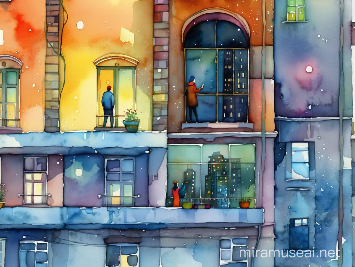 Urban Couple Observing Cityscape Watercolor Art by Alexander Jansson