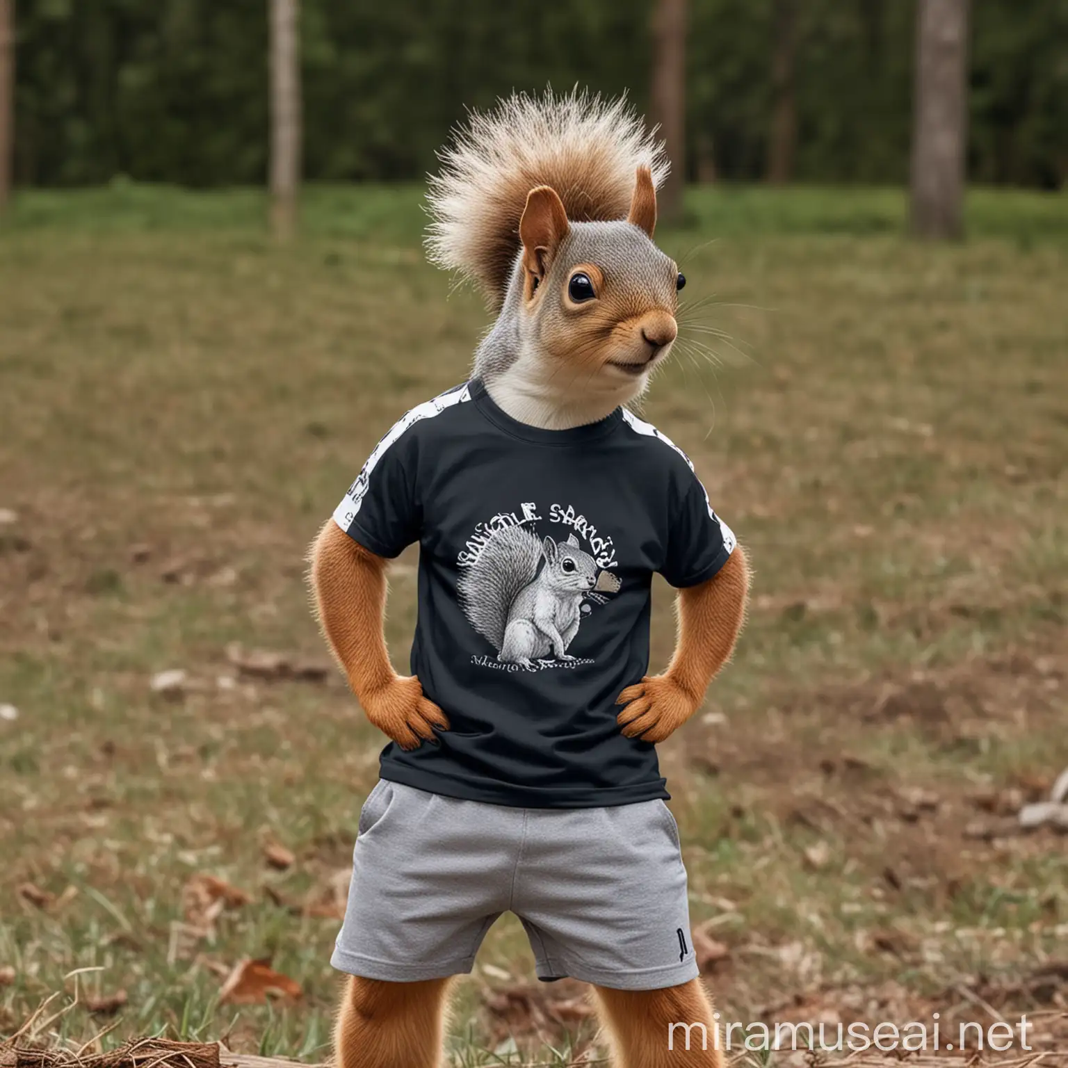 A squirrel with a mullet haircut wearing sport short ans sport t-shirt