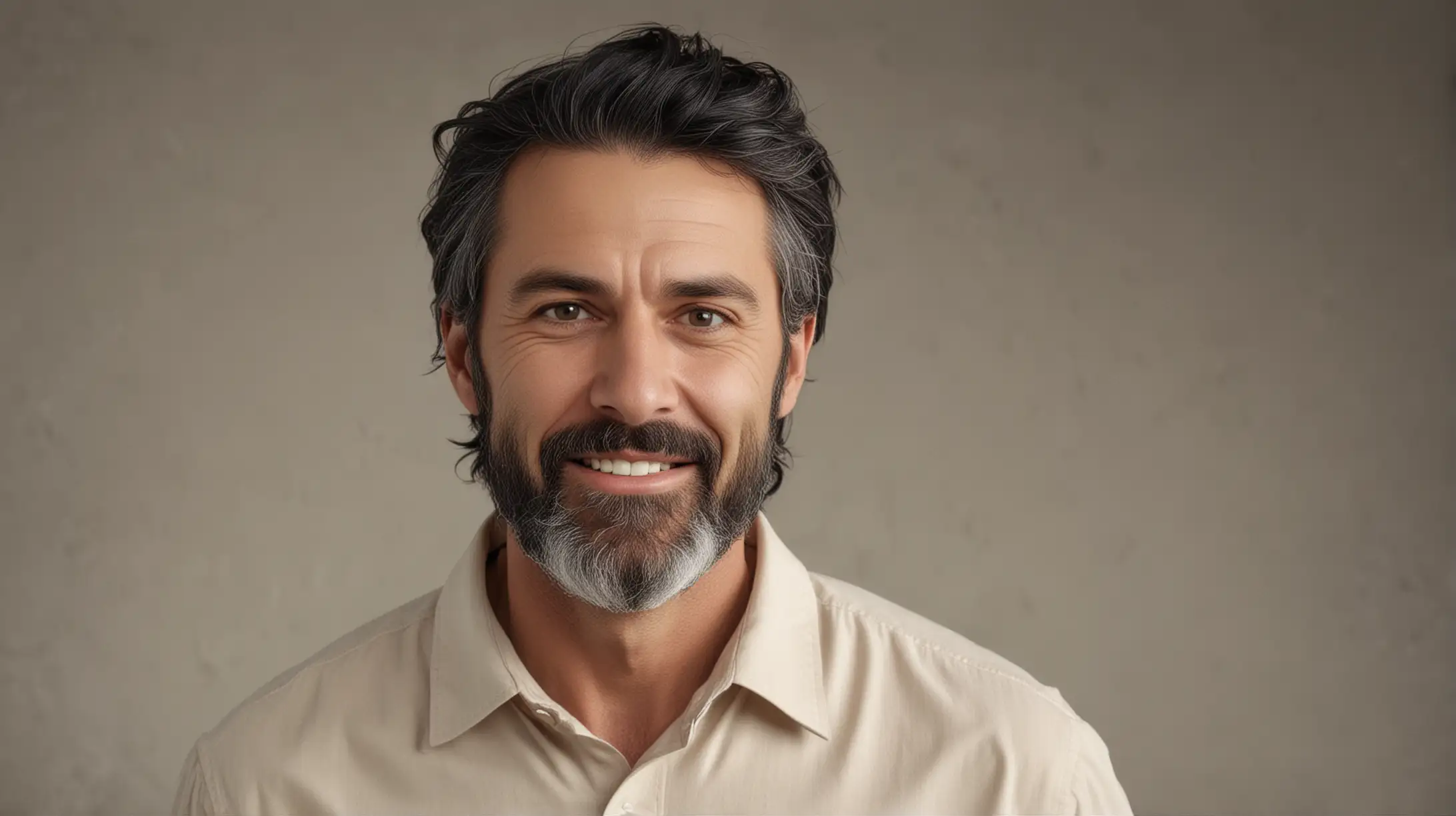 photo of a 45 year old man with long grey black hair, soft beard , buck teeth, wearing a cream colored shirt, with symmetrical eyes, in 32k resolution