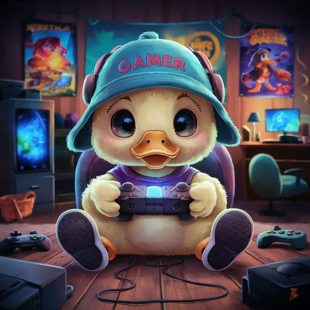 create image of young duck with hat with say 'GAMER' and casual shoes playing a console game. 