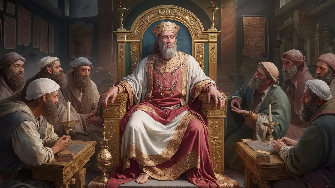 Visualize King Solomon seated on his throne, surrounded by advisors and scholars, as he imparts profound insights and judgments with a wisdom that surpasses his years, earning the respect and admiration of all who seek his counsel.
