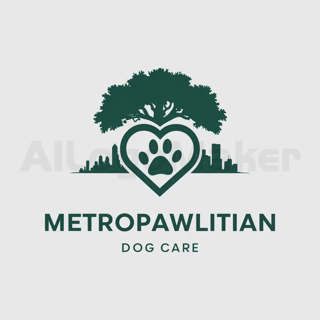 a logo design,with the text "METROPAWLITAN Dog Care", main symbol:Heart and paw print with Oakland skyline and oak tree,Minimalistic,clear background
