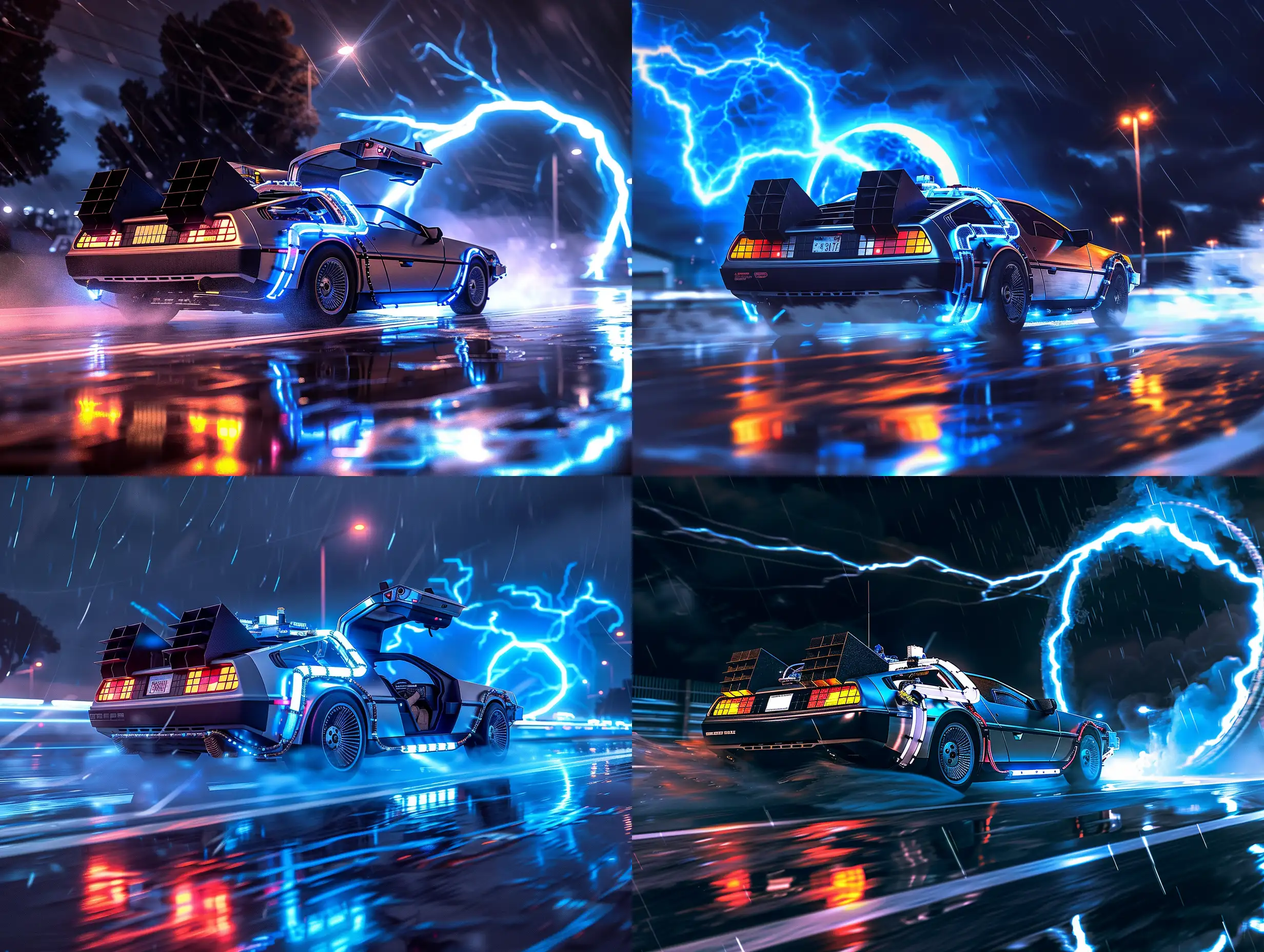 Back to the Future Delorean lit up driving on wet cyberpunk road at night toward wormhole being struck by blue lightning from behind, fire trails, smokey, futuristic, artistic, high contrast, artstation, stunning, cinematic, masterpiece