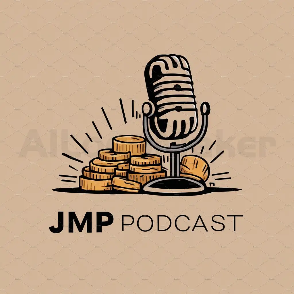 a logo design,with the text "JMP Podcast", main symbol:Main symbol should be a mic next to money,Moderate,clear background