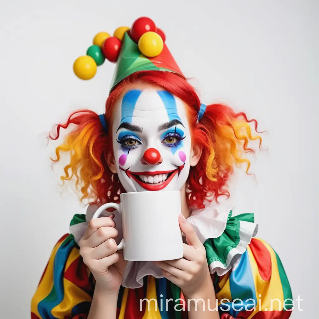 beautiful clown girl smiling with a square white mug on a white background