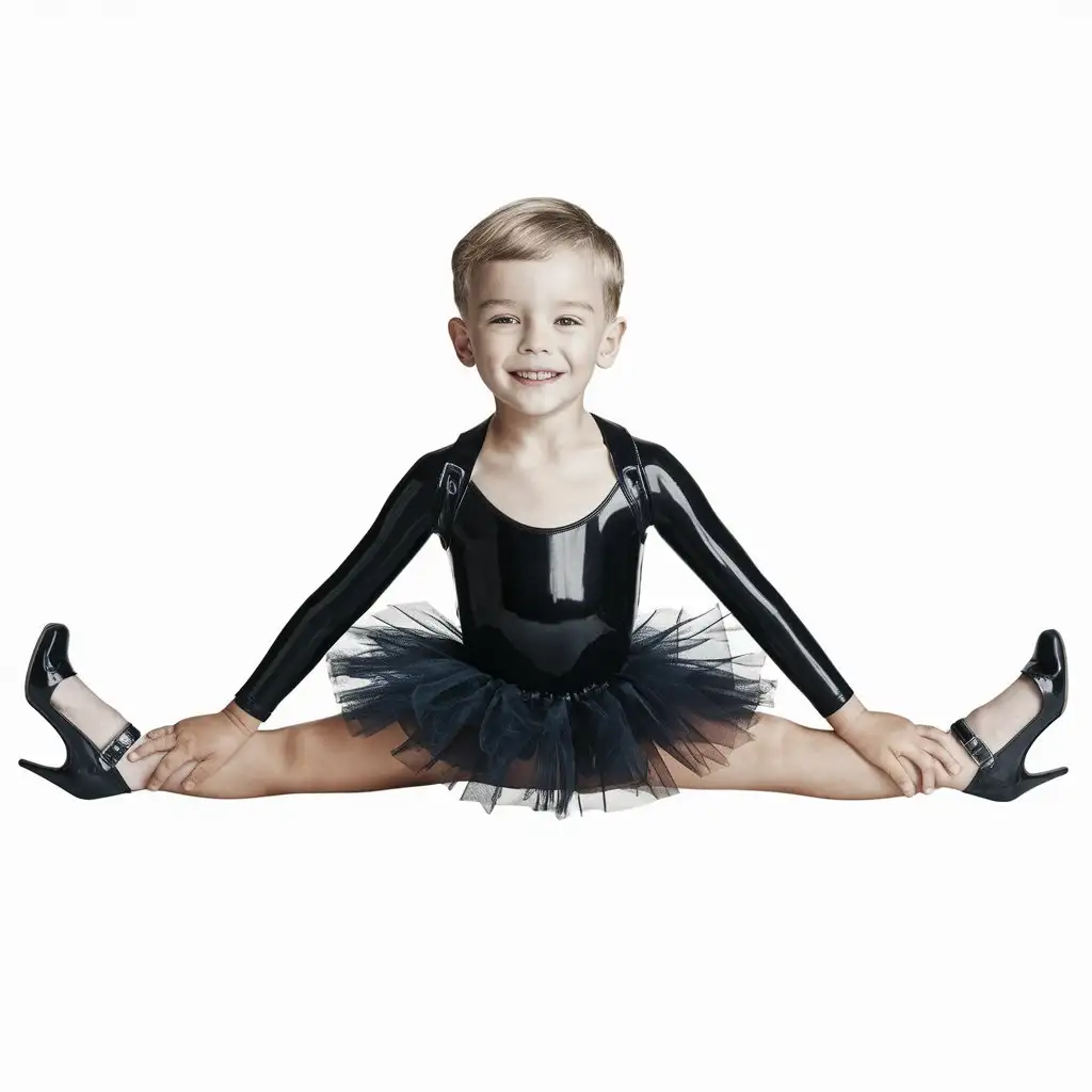 ((Gender role-reversal)), Photograph of a white skinned cute boy with short blonde hair age 8 wearing a fat inflated black latex bodysuit with a tutu skirt and high-heel shoes, the flexible boy is doing the splits, cute smile, adorable, perfect faces, perfect faces, clear faces, perfect eyes, perfect noses, smooth skin