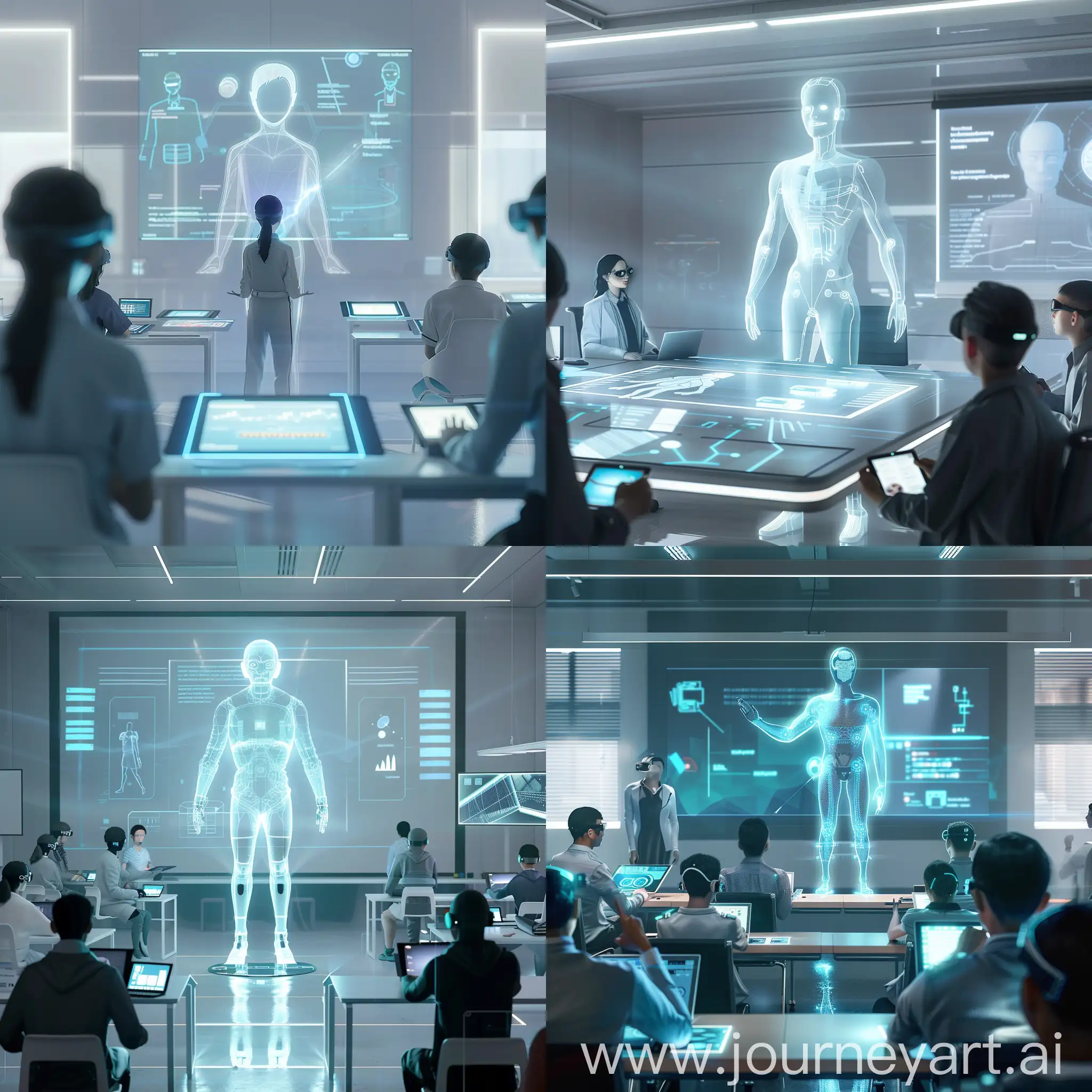The scene is a futuristic classroom with advanced technology. The digital teacher is a sleek, holographic figure standing at the front of the room. The teacher has a friendly, approachable face and is dressed in professional, yet modern attire. The classroom is equipped with interactive smart boards, holographic displays, and students using tablets and augmented reality glasses. The environment is well-lit with a clean, minimalist design, emphasizing the seamless integration of technology into education.