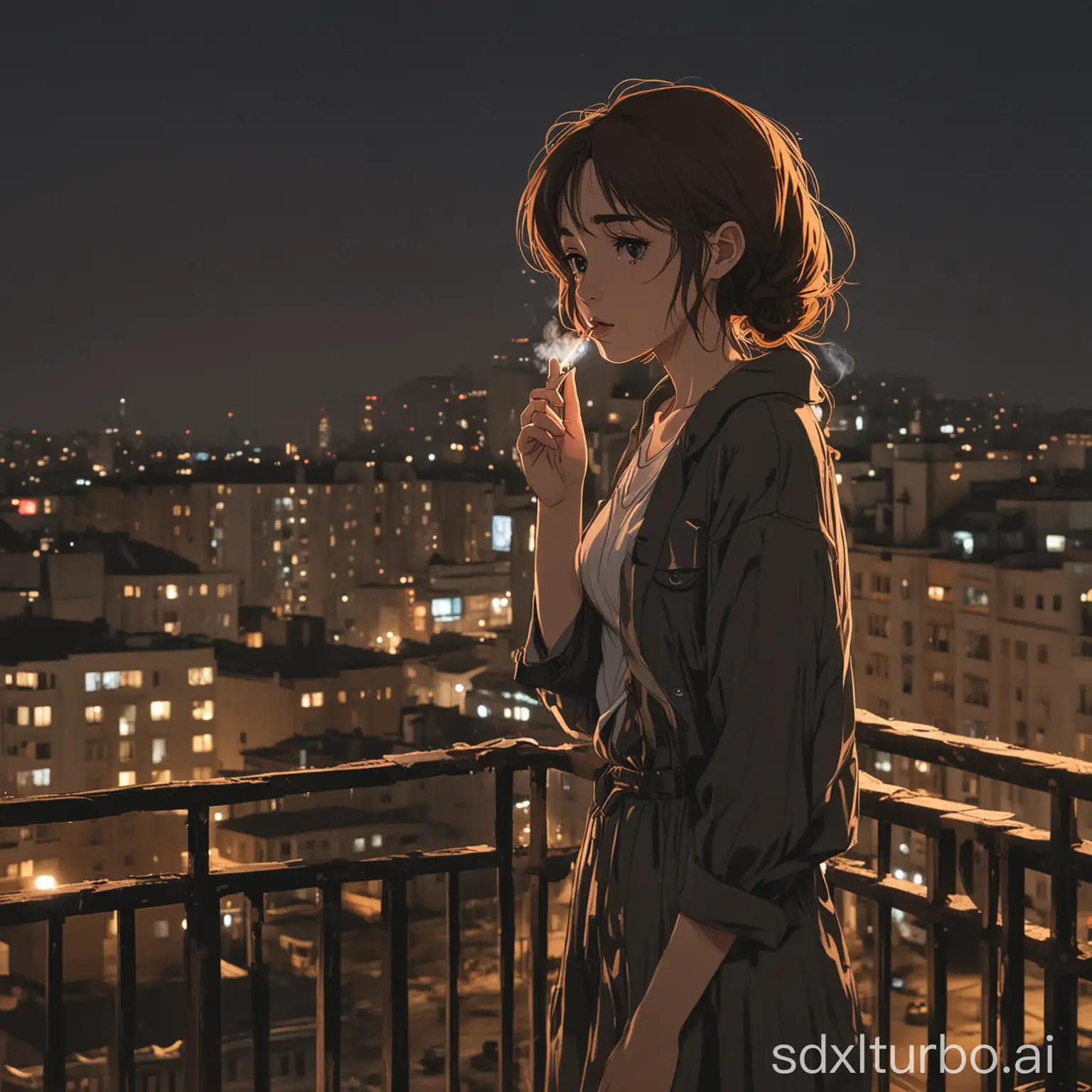 sad anime girl stands on open balcony in post-soviet setting smoking cigarette. time of day: night, city visible in background. setting: post-soviet country