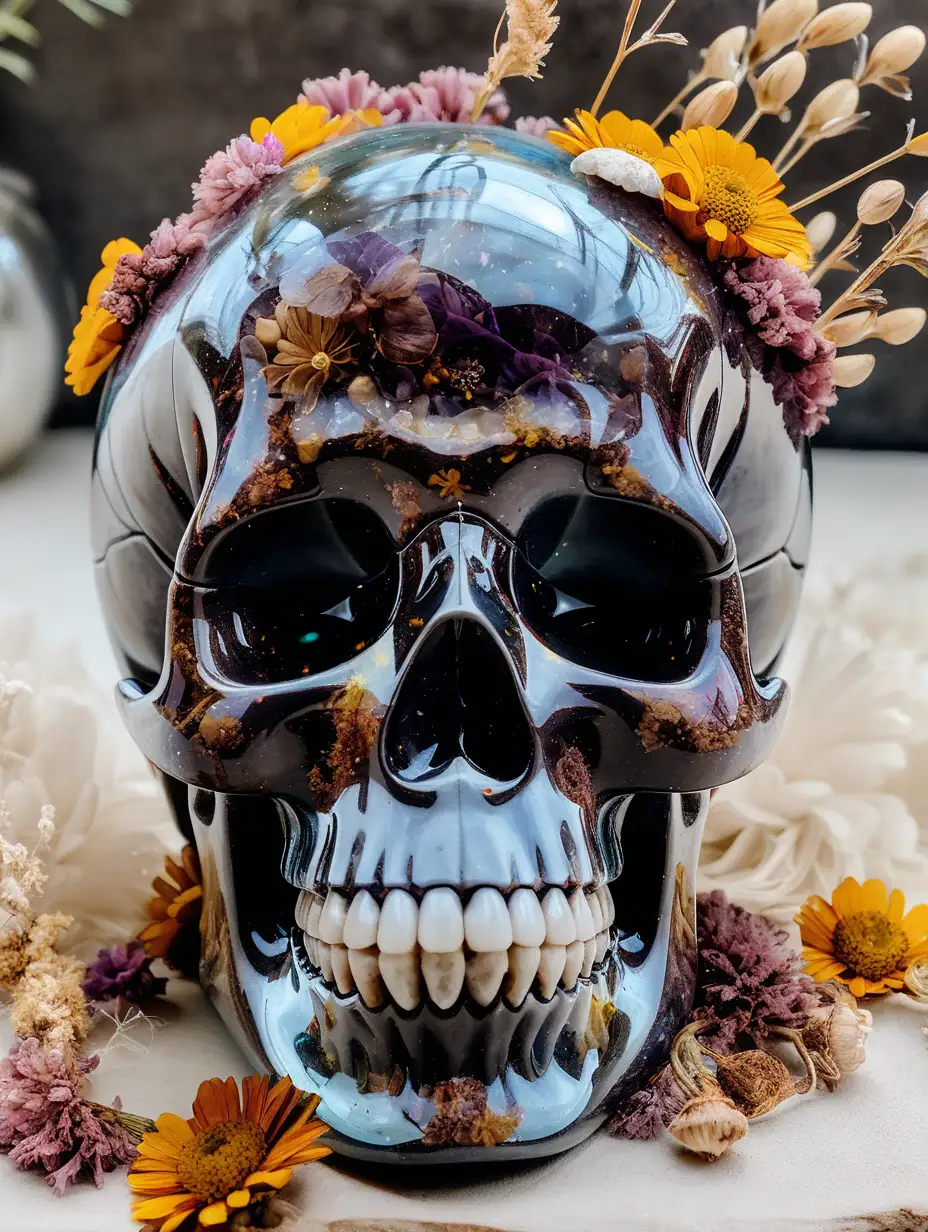 Transparent Crystal Skull with Dried Flowers Inside
