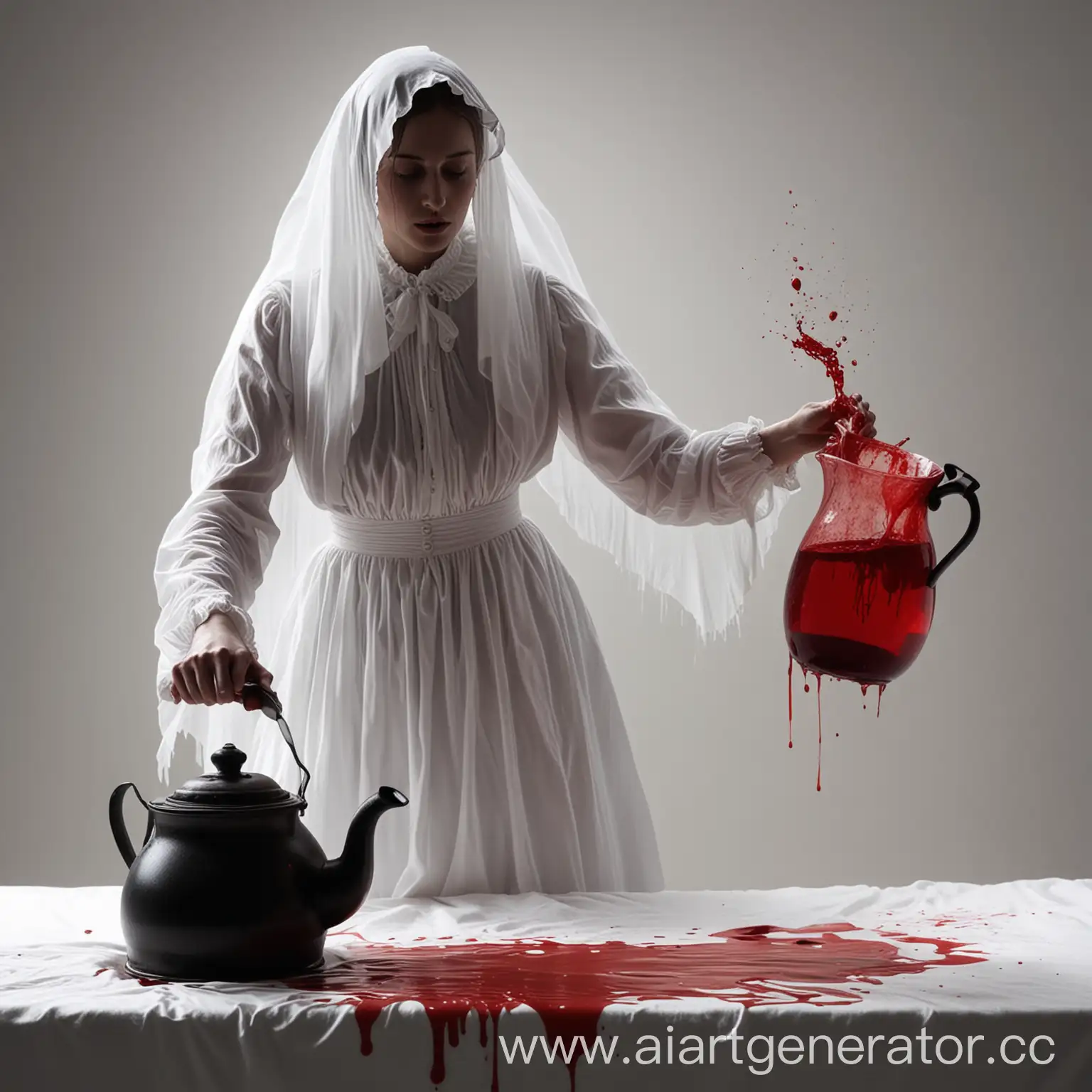 A female silhouette in a white sheet looking like a Victorian ghost pours a red liquid similar to blood from a kettle