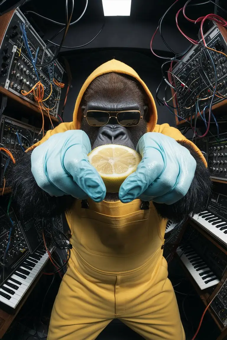 gorilla wearing sunglasses and a yellow one piece overall uniform with yellow hoodie on like in breaking bad tv series. GORILA CLOSE UP, SERIOUS, BADASS ATTITUDE, closed mouth.  the gorilla is wearing light blue latex gloves and squeezing a lemon to the camera POV VIEW.
background is full of modular synthesizers full of cables.