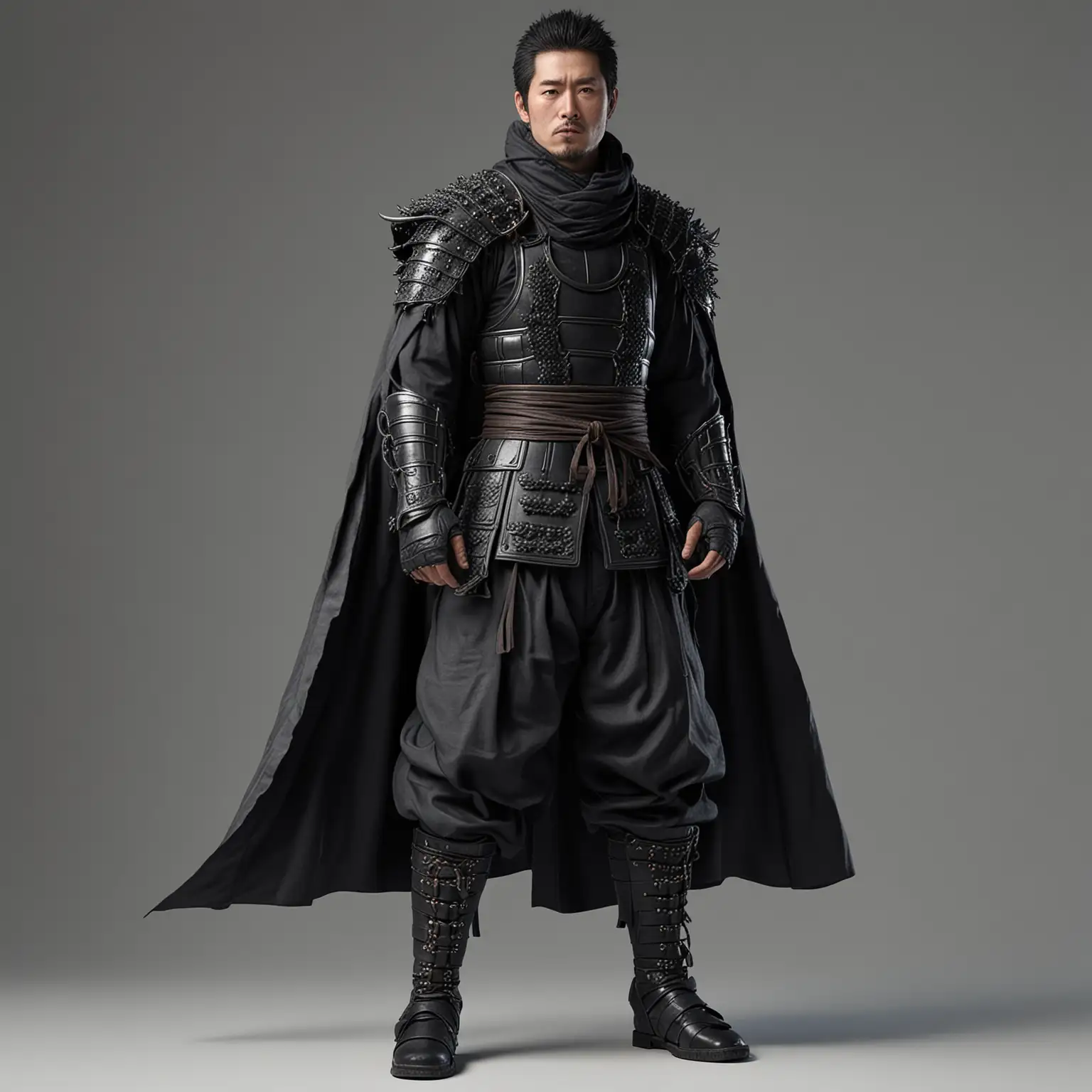 standing full body view, looking to the right, heroic Japanese man with pure black ninja armor, turtleneck armor, black metal boots, baggy samurai pants, cape, giant black scarf, dragon tail made of plastic, bright white background, extremely detailed skin, extremely detailed clothing, natural colors , professionally color graded, photorealism, 8k, realistic, moody lighting, volumetric lighting