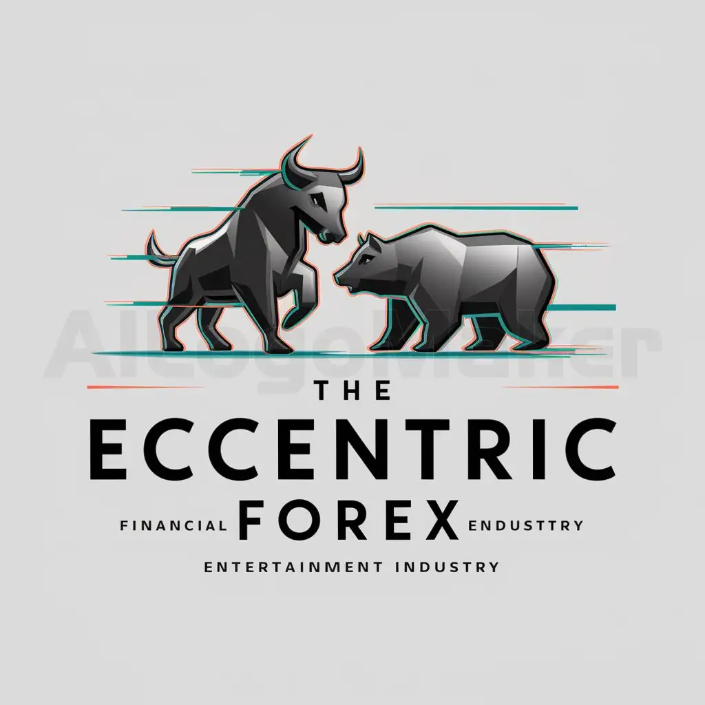 a logo design,with the text "THE ECCENTRIC FOREX", main symbol:A 3D BULL AND A BEAR  GLITCHED,Moderate,be used in Entertainment industry,clear background
