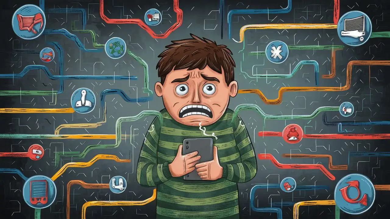 Illustration depicting a frustrated mobile phone user surrounded by a tangled web of disconnected network signals, with various icons symbolizing different network issues (like weak signal, dropped calls, slow data speed, etc.)
