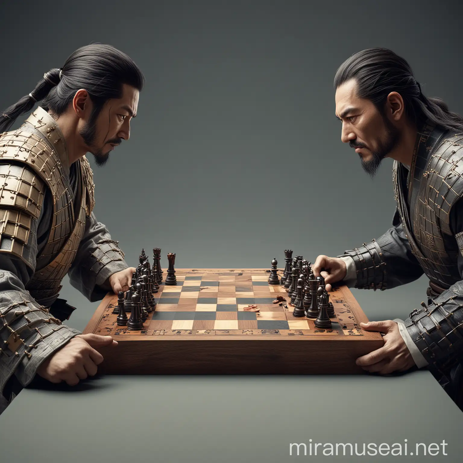 The samurai warrior and corporate businessman facing each other and leaning over a 3D table that resembles a chess board integrated into the battlefield.
