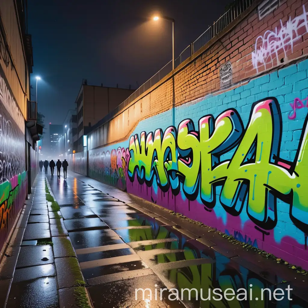 Urban Graffiti Wall Art at Night in the Rain