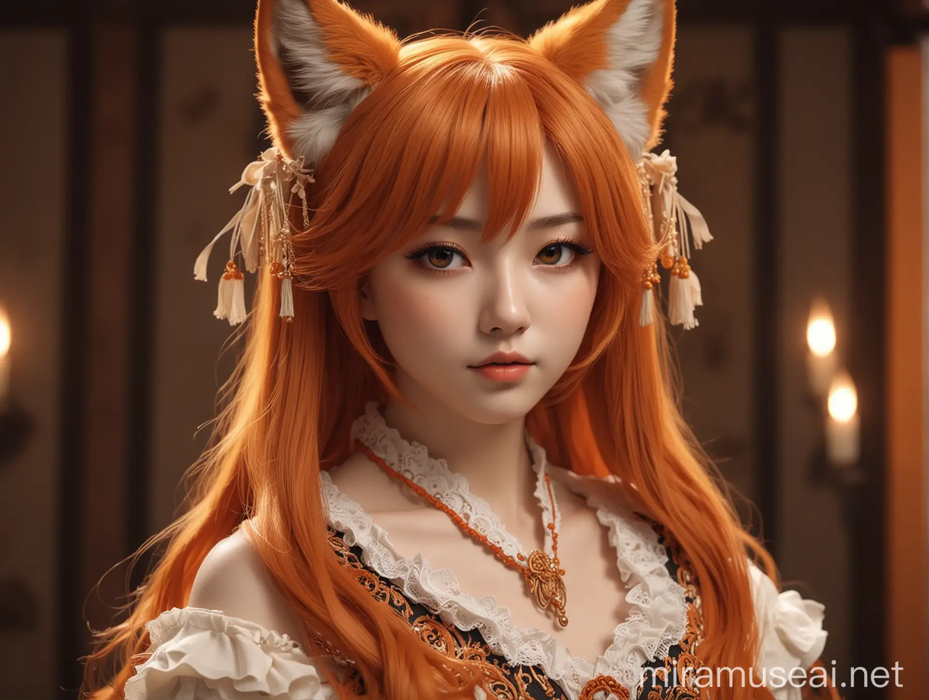 Realistic Kitsune Maiden Portrait in Temple Setting with Studio Lighting