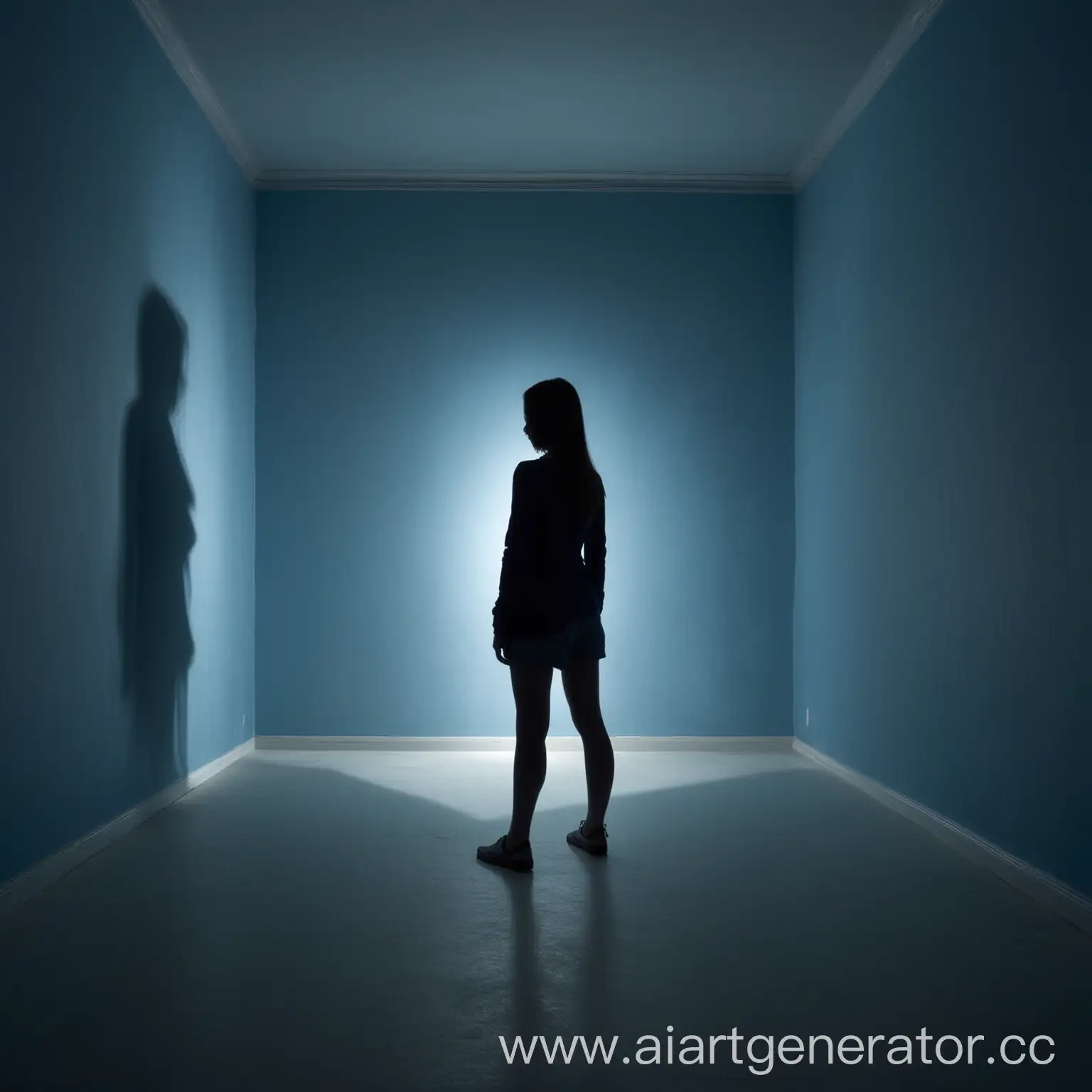 a girl stands in a blue room without light, posing and her shadow is reflected looking straight into her face