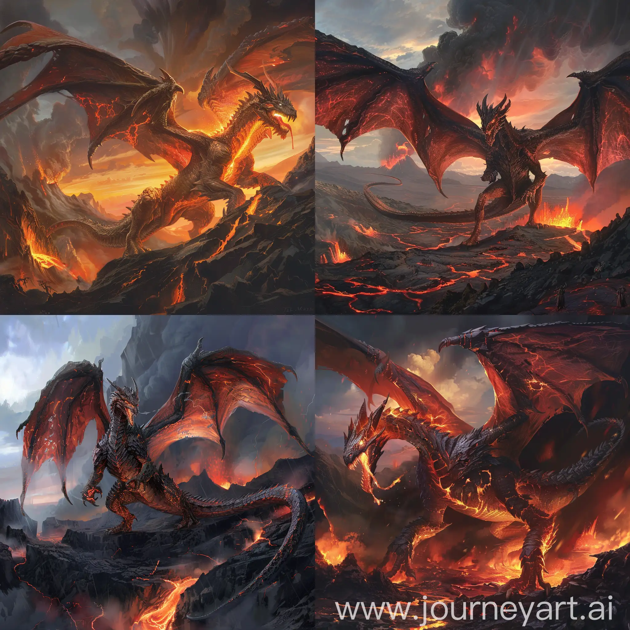 Molten drakes, reminiscent of ancient dragons, are the guardians of Verdelumina's volcanic landscapes. Their massive, reptilian forms resemble those of majestic creatures of myth, encased in scales of shimmering magma that glow with the intense heat of their volcanic home. With wings spanning vast distances, they soar through billowing plumes of smoke and ash, their powerful muscles propelling them effortlessly through the searing currents of molten lava. Masters of fire and flame, they shape the volcanic landscape with their fiery breath, forging new paths and carving out their dominion with unyielding strength. Molten drakes are living embodiments of the primal forces that shape Verdelumina's fiery heart, revered and feared by all who dwell in their shadow.
