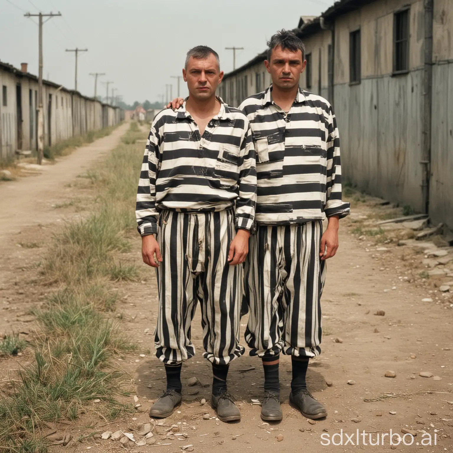 Dos prisioneros de campos de concentración con sus ropajes a rallas, mirando de frente
