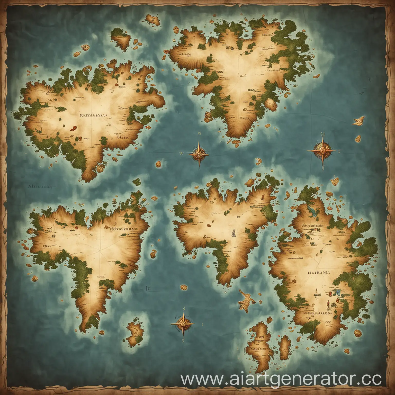 Карта с 5 вымышленными континентами и большим количеством маленьких островов
