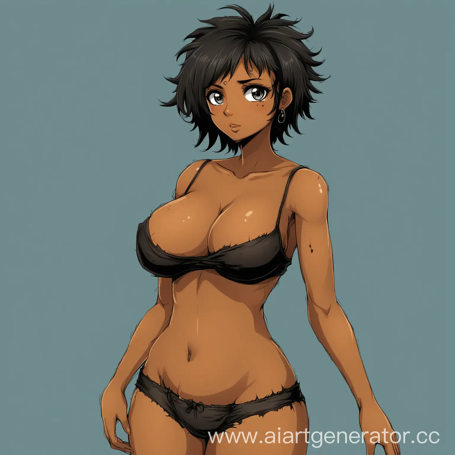 anime style, a girl of about 26 years old, from the Caribbean Islands, a little swarthy, buxom beauty, not too tall, with elastic breasts, hips, short black slightly disheveled hair, shabby slightly torn underwear, with a small mole under the eye