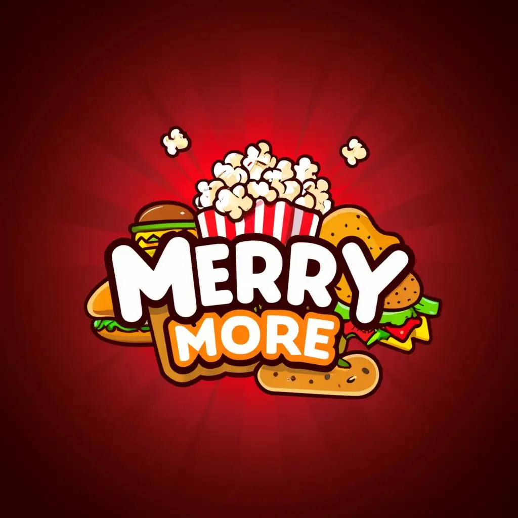 LOGO-Design-for-Merry-More-Vibrant-Snack-Festival-with-Popcorn-Burgers-and-Nachos