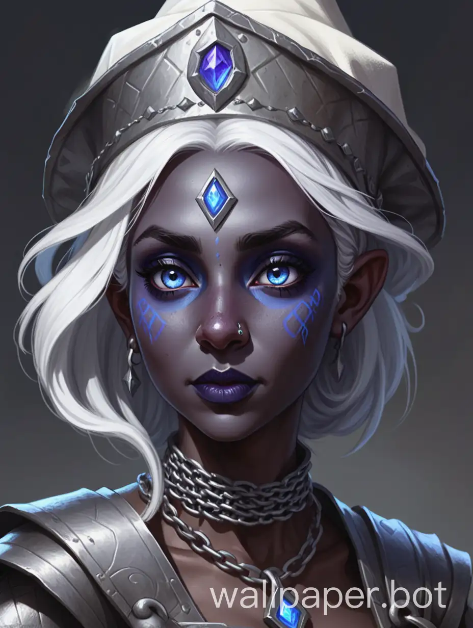 dungeons and dragons OC, concept, drow, dark elf, dancing cleric, priest, grey skin, hair in a low bun, white hair, bright eyes, sweet, soft, freckles, blue eyes, dark lips, adult, chainmail archaeologist, cool hat, portrait, adventurer, neutral soft expression, artwork, digital art, character art