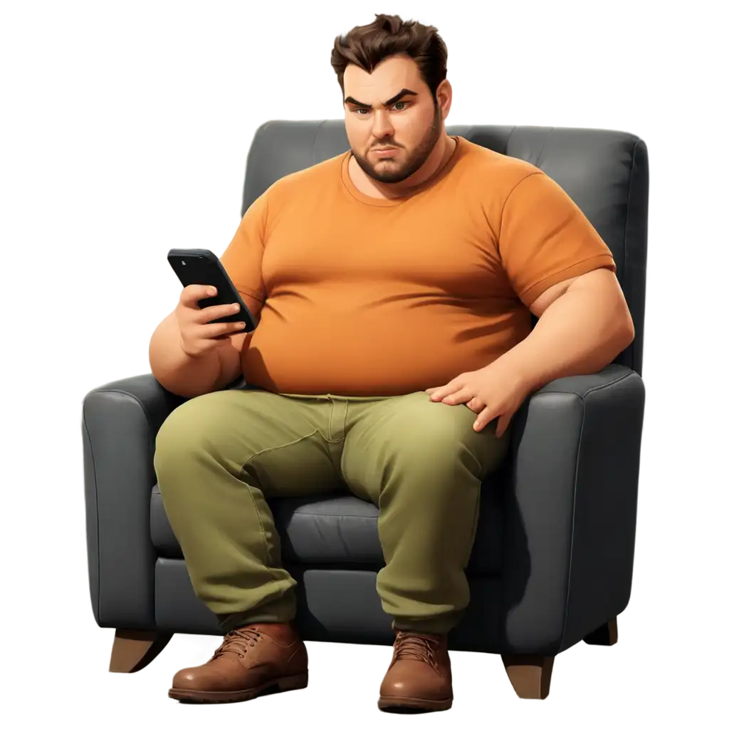 Fat disgusting dirty fat gamer dude on his iphone doom scrolling in a dirty bedroom sitting on a chair Cartoon clip art realistic