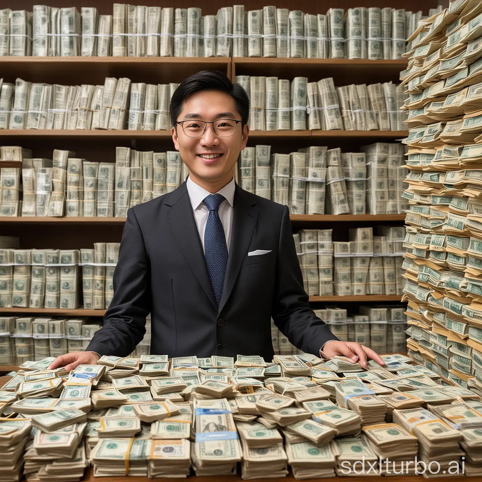 A smiling Korean patent attorney stands in front of a bank in Singapore, surrounded by stacks of money.