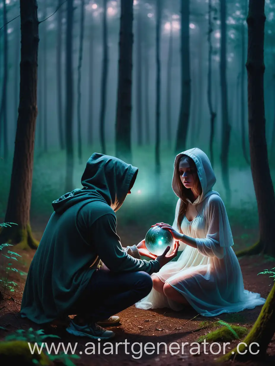 Парень сидит в капюшоне на земле, в лесу. Его лицо закрыто туманом. Парень держит в руке магический шар. Чуть дальше от него стоит девушка. Девушка в лёгком платье стоит спиной.  В лесу сумерки.
