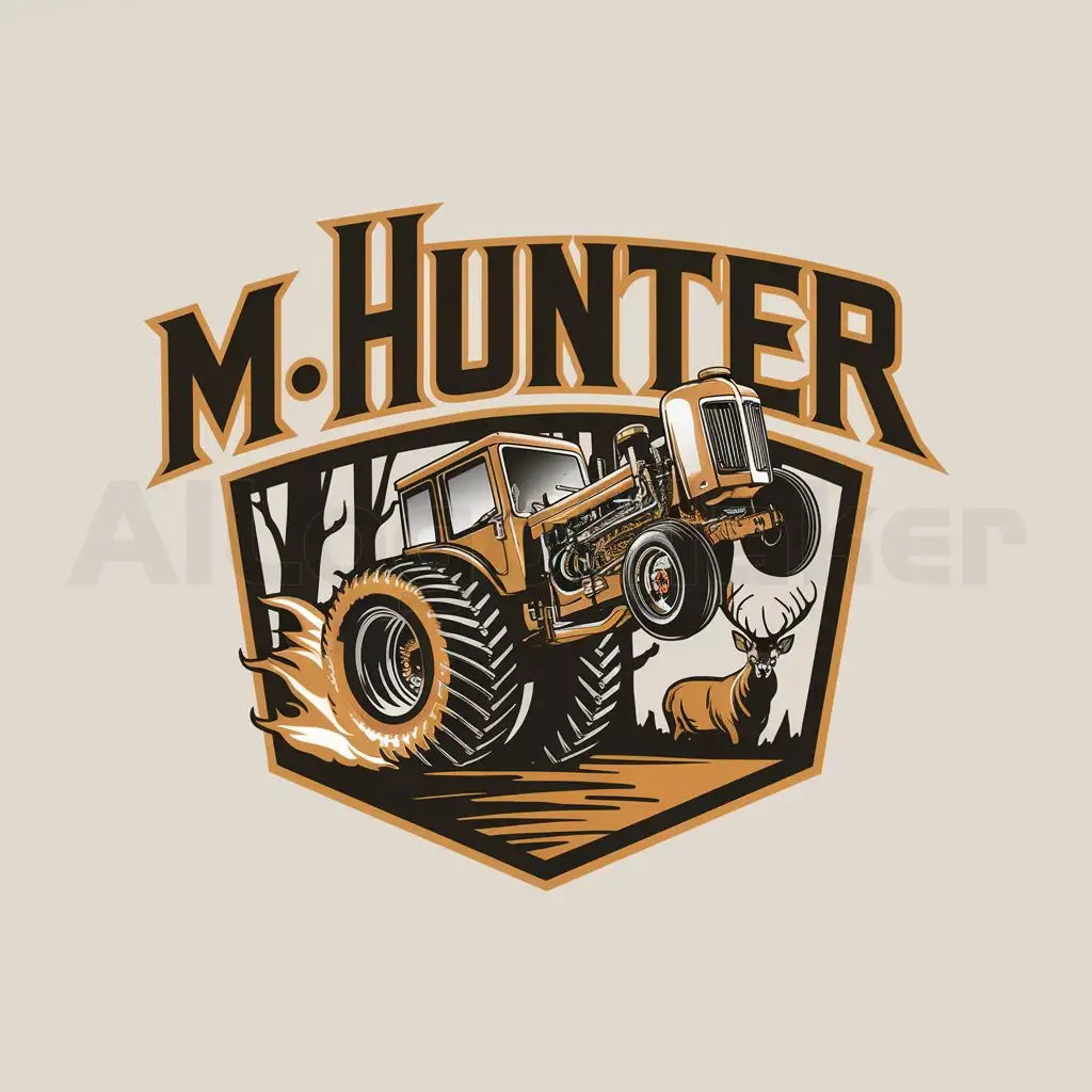 a logo design,with the text "M. HUNTER", main symbol:manly hotrod tractor doing a wheely out of the woods with flames shooting out the tailpipes deers in back ground,Moderate,be used in Others industry,clear background