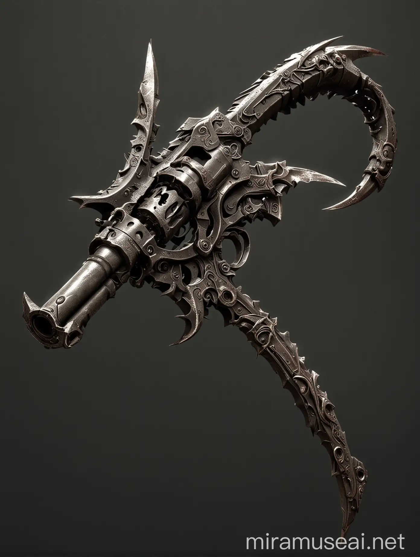 weapon as a demonic sickle and revolver gun attached to it