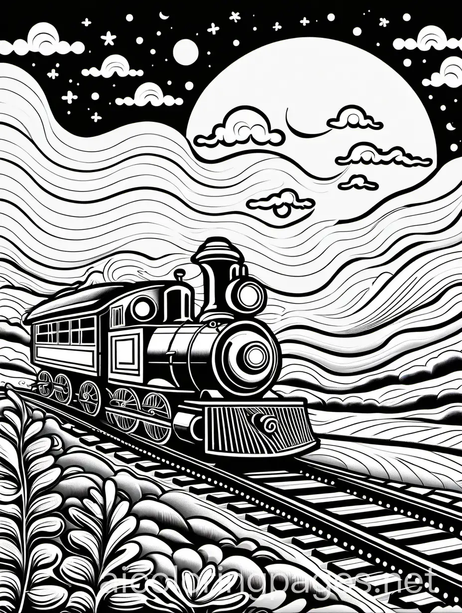 Spooky-Ghost-Train-Flying-Over-Farmhouse-Coloring-Page