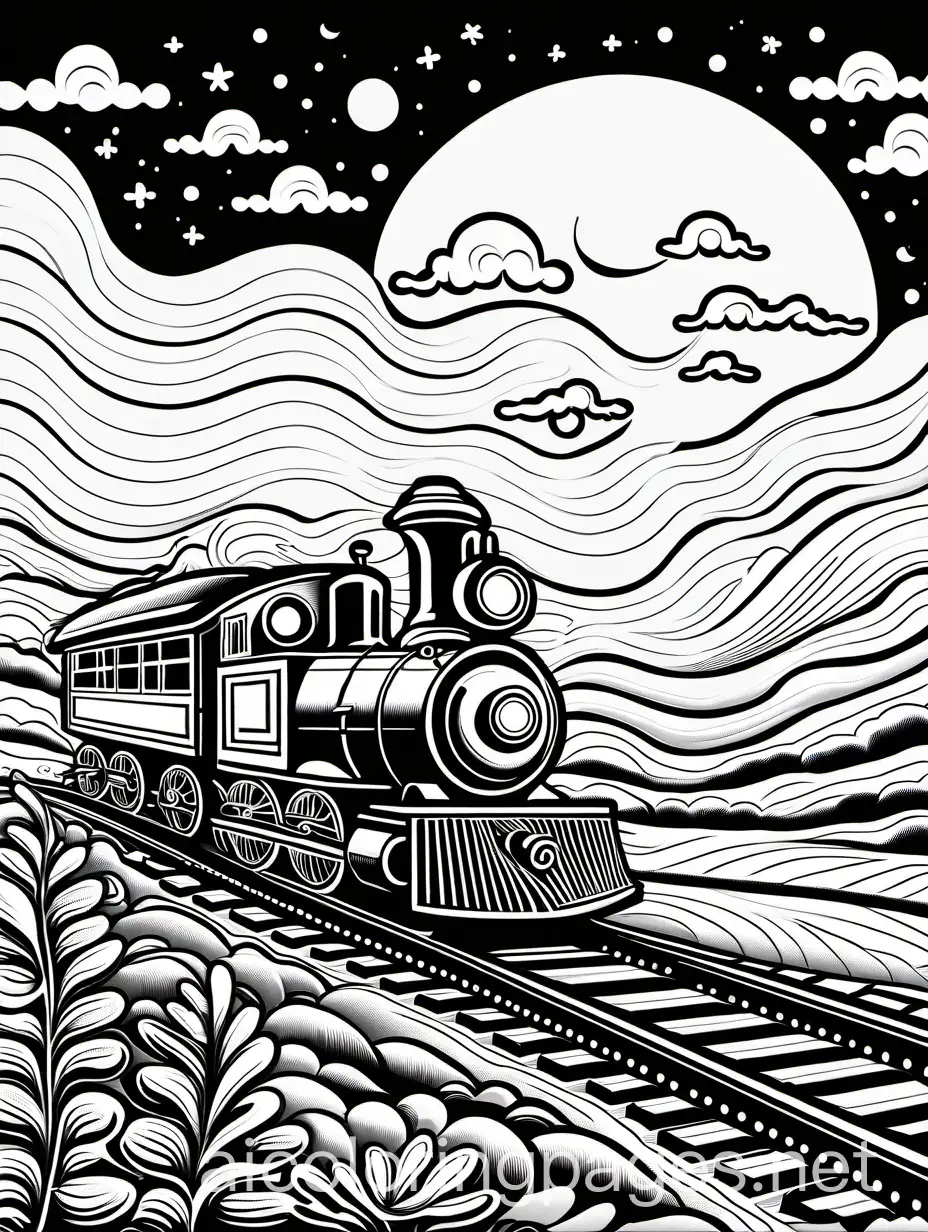 A misty ghost train flying over a farmhouse at night, and the moon's in the clouds., Coloring Page, black and white, line art, white background, Simplicity, Ample White Space. The background of the coloring page is plain white to make it easy for young children to color within the lines. The outlines of all the subjects are easy to distinguish, making it simple for kids to color without too much difficulty, Coloring Page, black and white, line art, white background, Simplicity, Ample White Space. The background of the coloring page is plain white to make it easy for young children to color within the lines. The outlines of all the subjects are easy to distinguish, making it simple for kids to color without too much difficulty