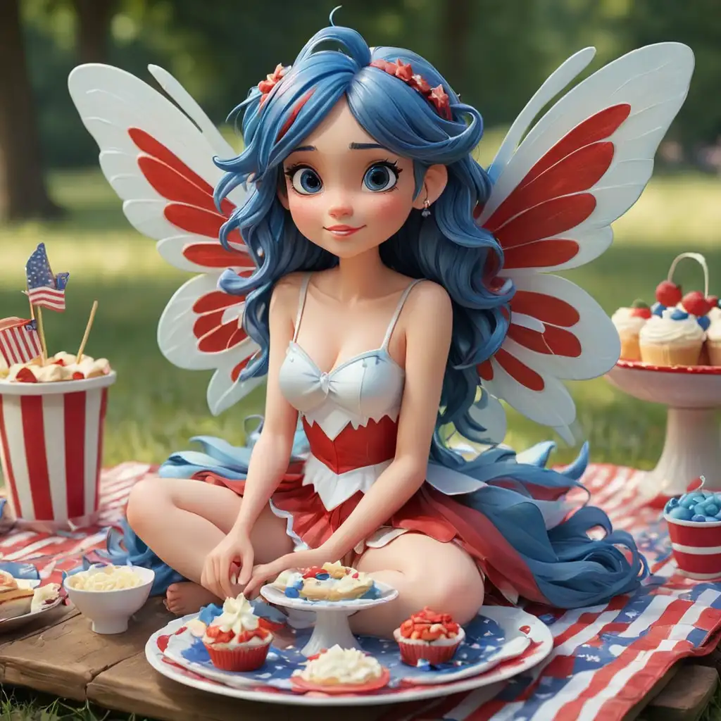 A beautiful fairy, 3D, Disney Style, with beautiful fairy wings, one fairy in red, white, and blue, at a 4th of July picnic, blue hair, one fairy only, picnic food, two arms, two legs, with a plate on her lap full of red, white, blue cake