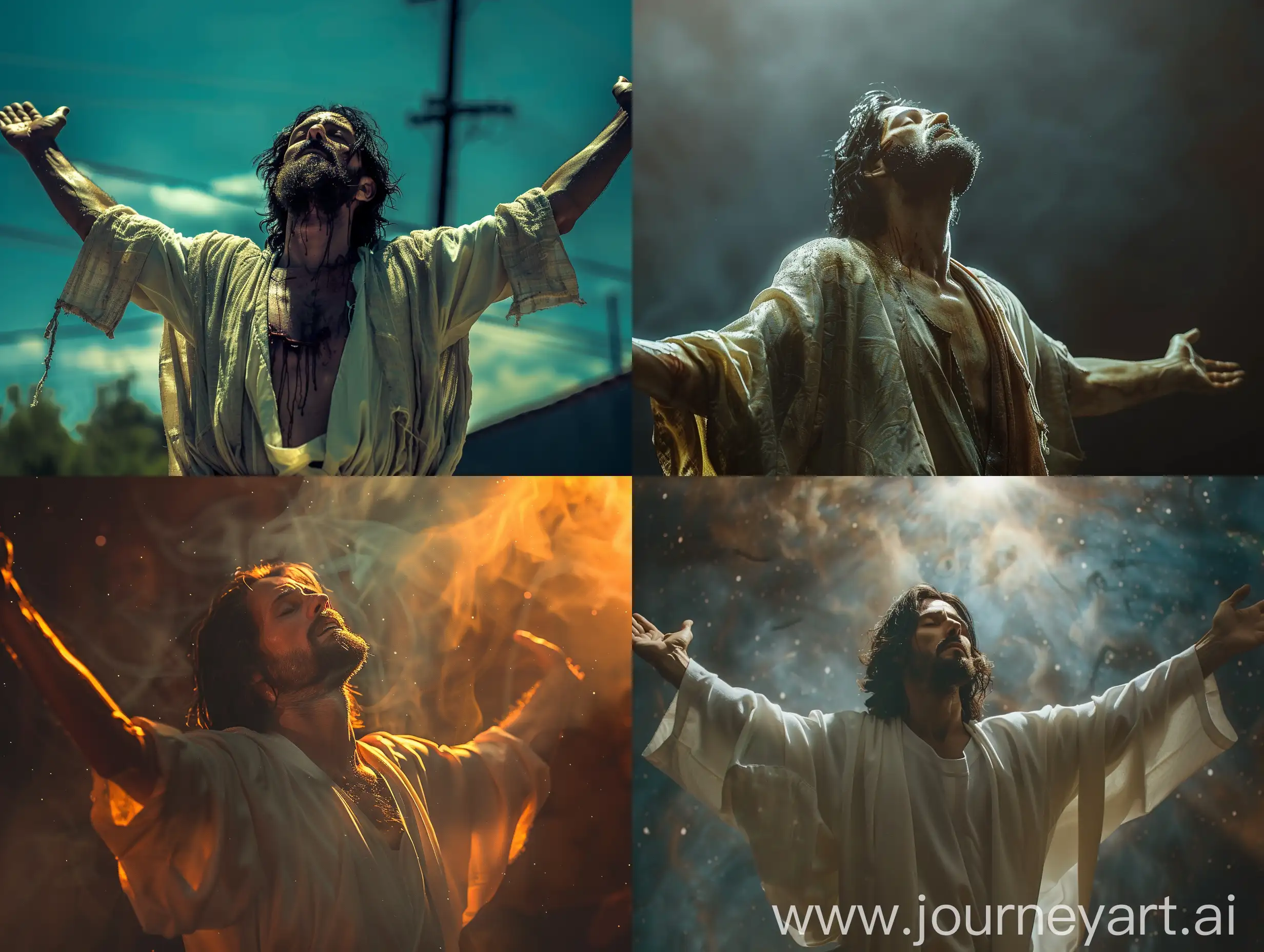 Jesus Christ praying with arms to heaven, cinematic shot, photo taken by ARRI + photo taken by canon + photo taken by fuji + photo taken by kodak, incredibly detailed, sharpen, details, professional lighting, 35mm, anamorphic, lightroom, cinematography, artstation, realist