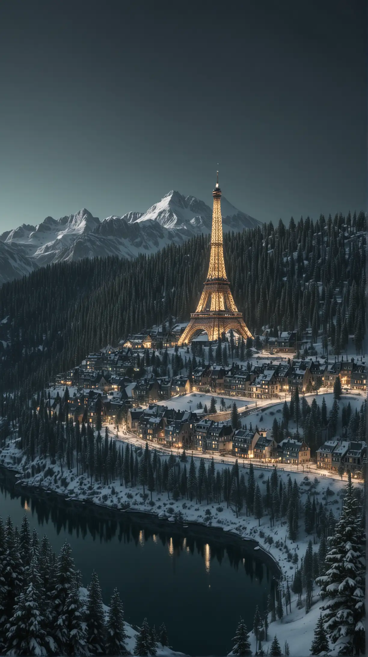 Snow Mountain Landscape with Pine Trees Lighted Houses and Eiffel Tower in Dusk