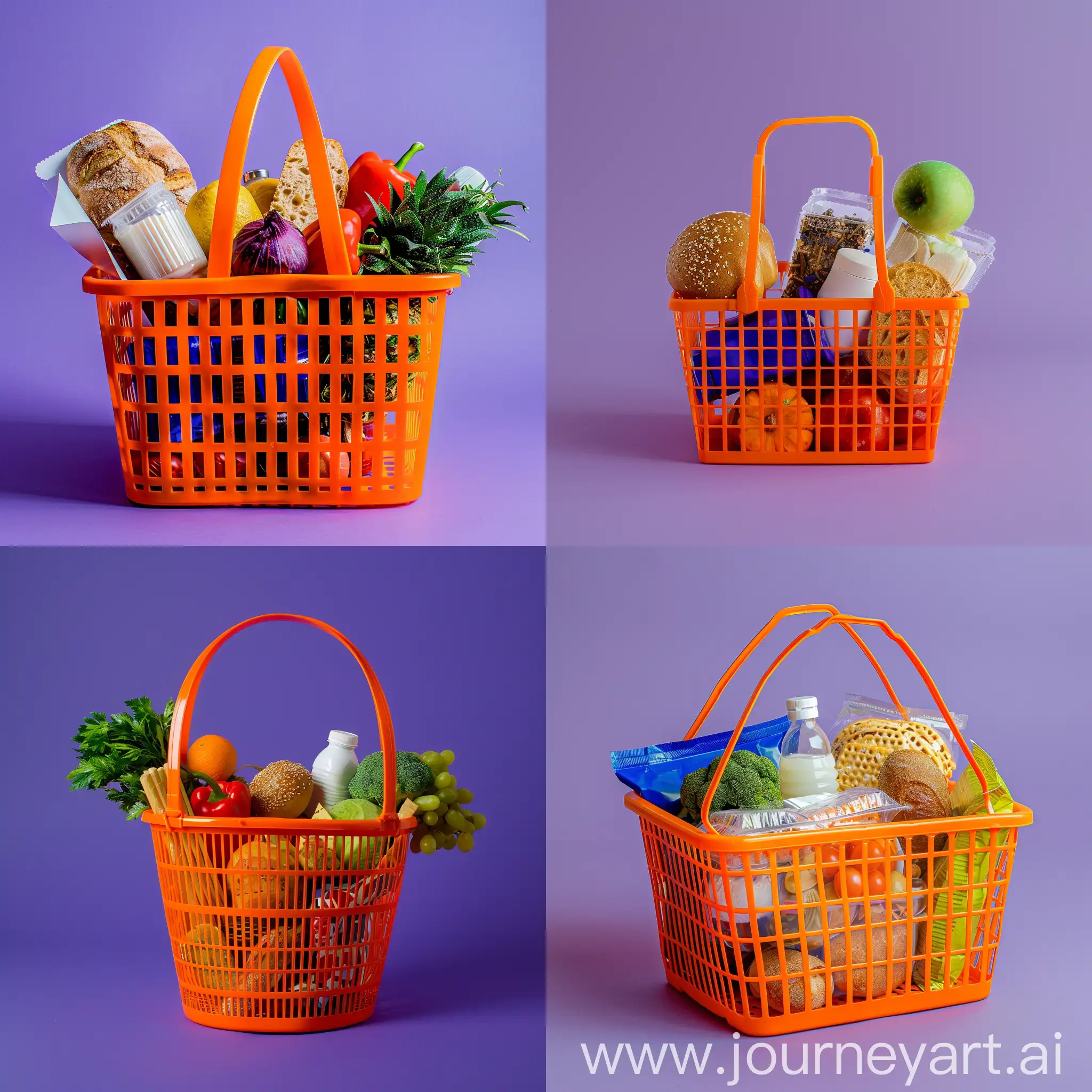 Colorful-Shopping-Basket-with-Food-Items-on-Purple-Background