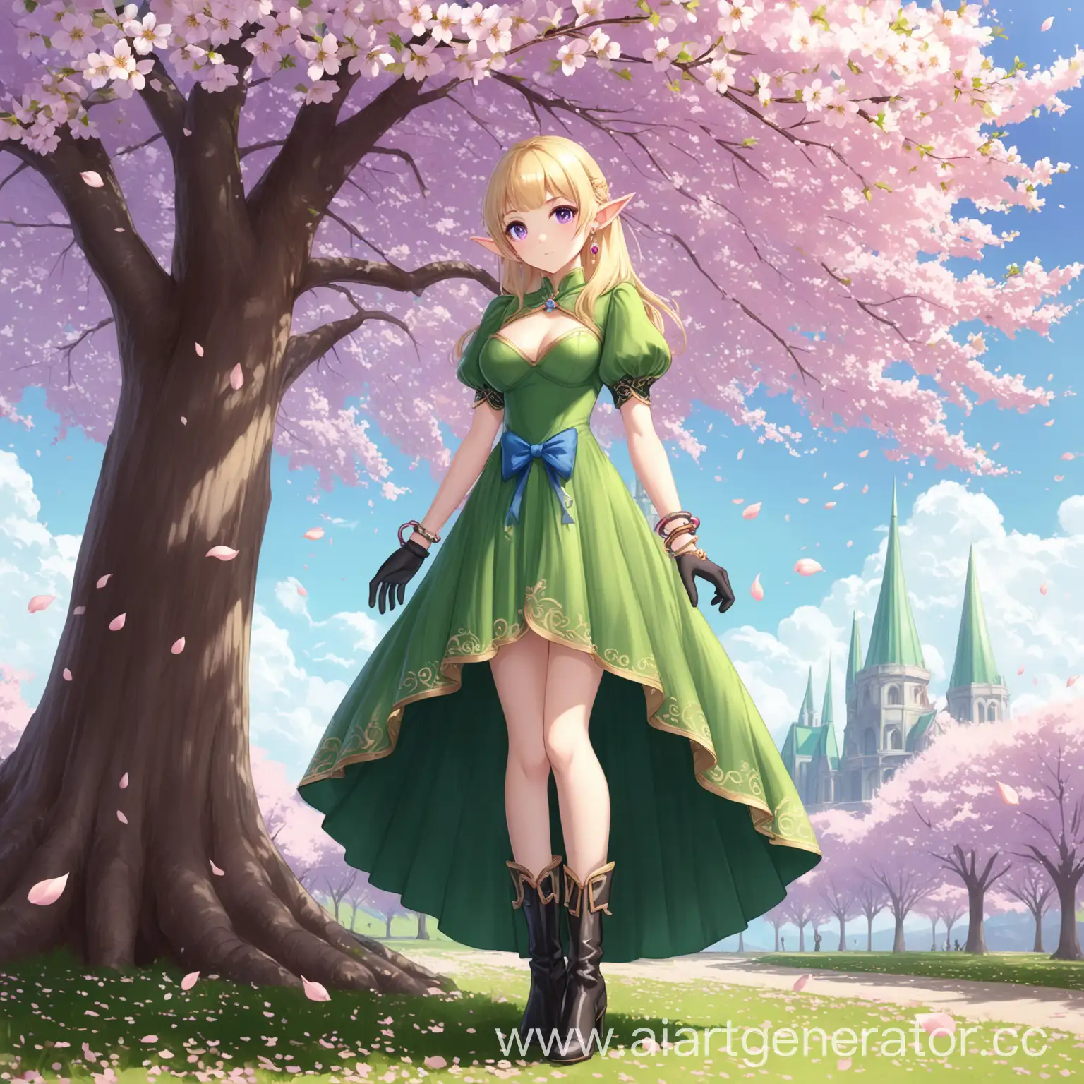 1girl, black gloves, boots, breasts, closed mouth, clothing cutout, dress, earrings,  gloves, green dress, green gloves, jewelry,  puffy short sleeves, puffy sleeves, short sleeves, bangs, blonde hair, blue sky, blush, bow, bracelet, breasts, purple eyes, elf, pointy ears, cherry blossoms, day, full body, long hair, looking at viewer, outdoors, petals, sky, solo, standing, tree
