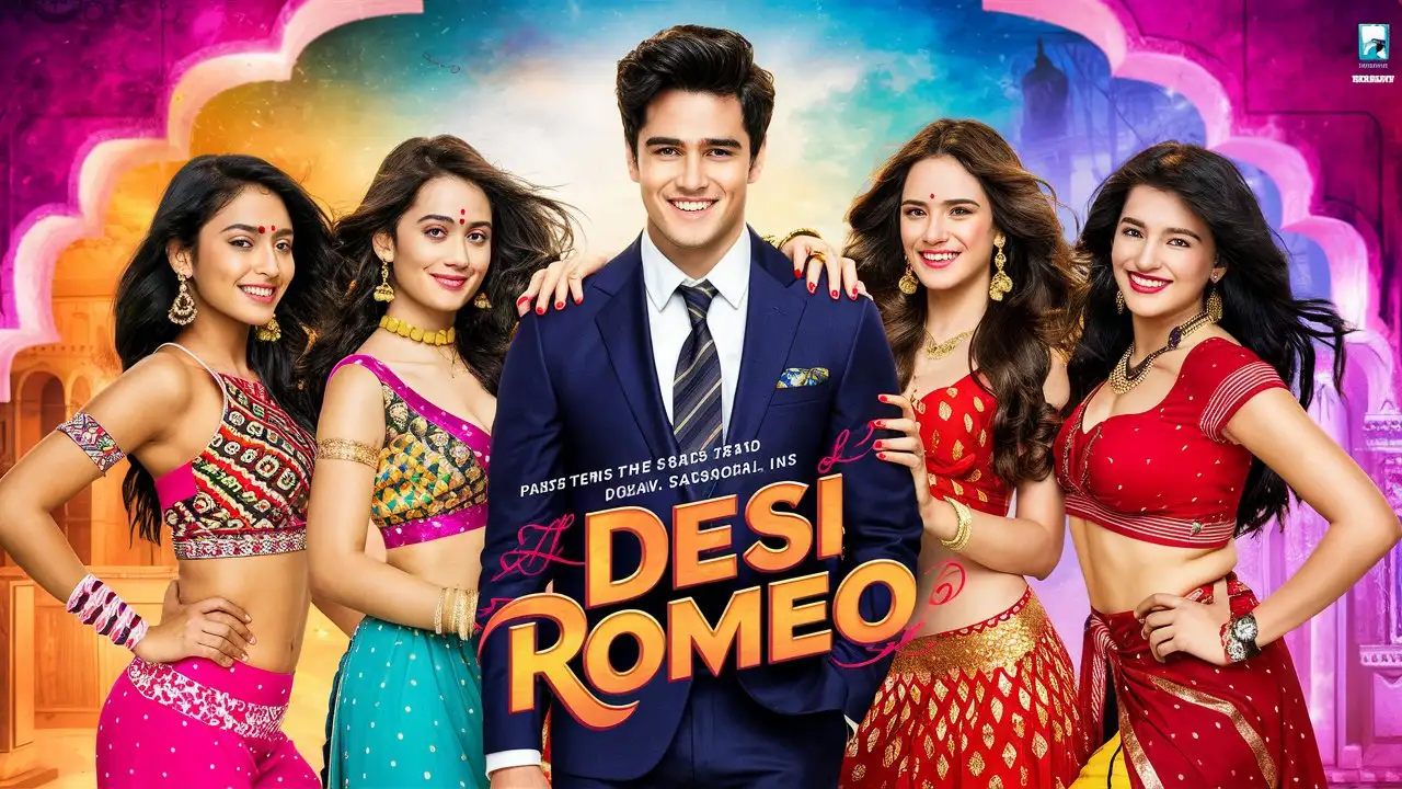 Make a Bollywood movie style poster. The title is
"Desi Romeo"
 There is one boy and five girls in this movie poster