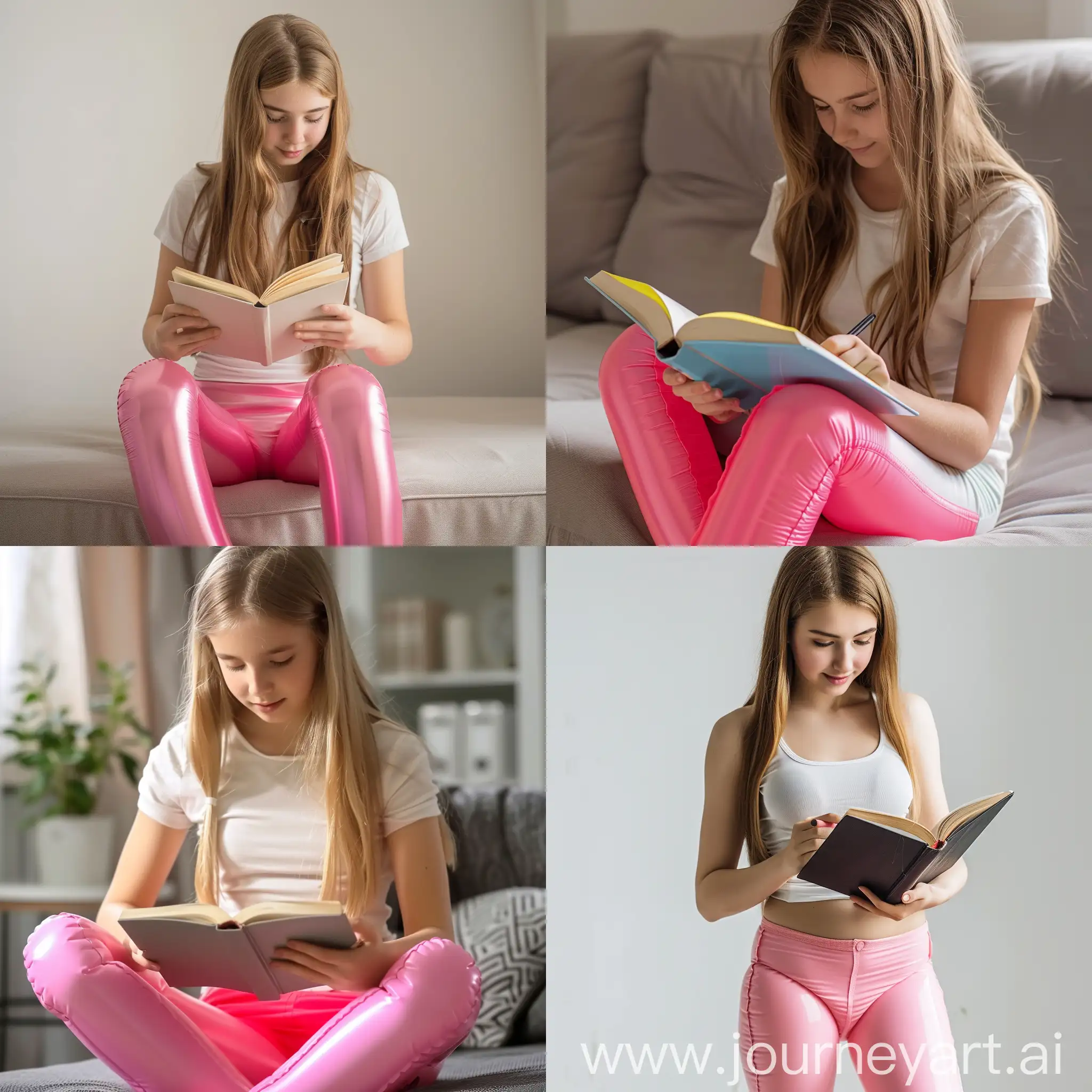 A teen girl reading a book, wearing a pink skinny inflatable pants