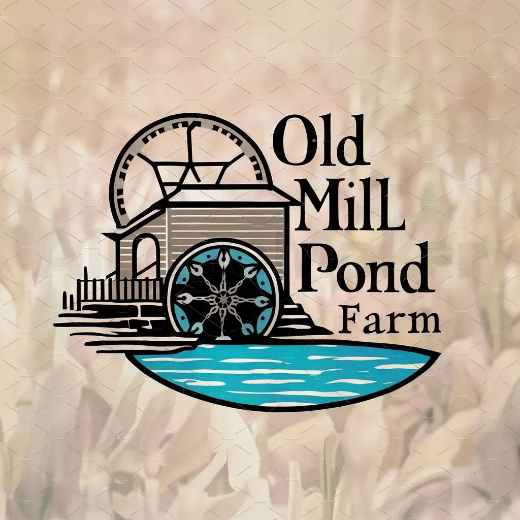 a logo design,with the text "Old Mill Pond Farm", main symbol:old corn mill with water wheel overlooking pond,Moderate,clear background