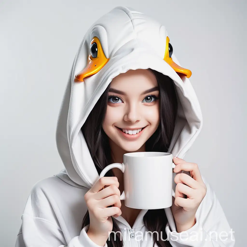 Smiling Girl in Duck Cosplay with White Mug
