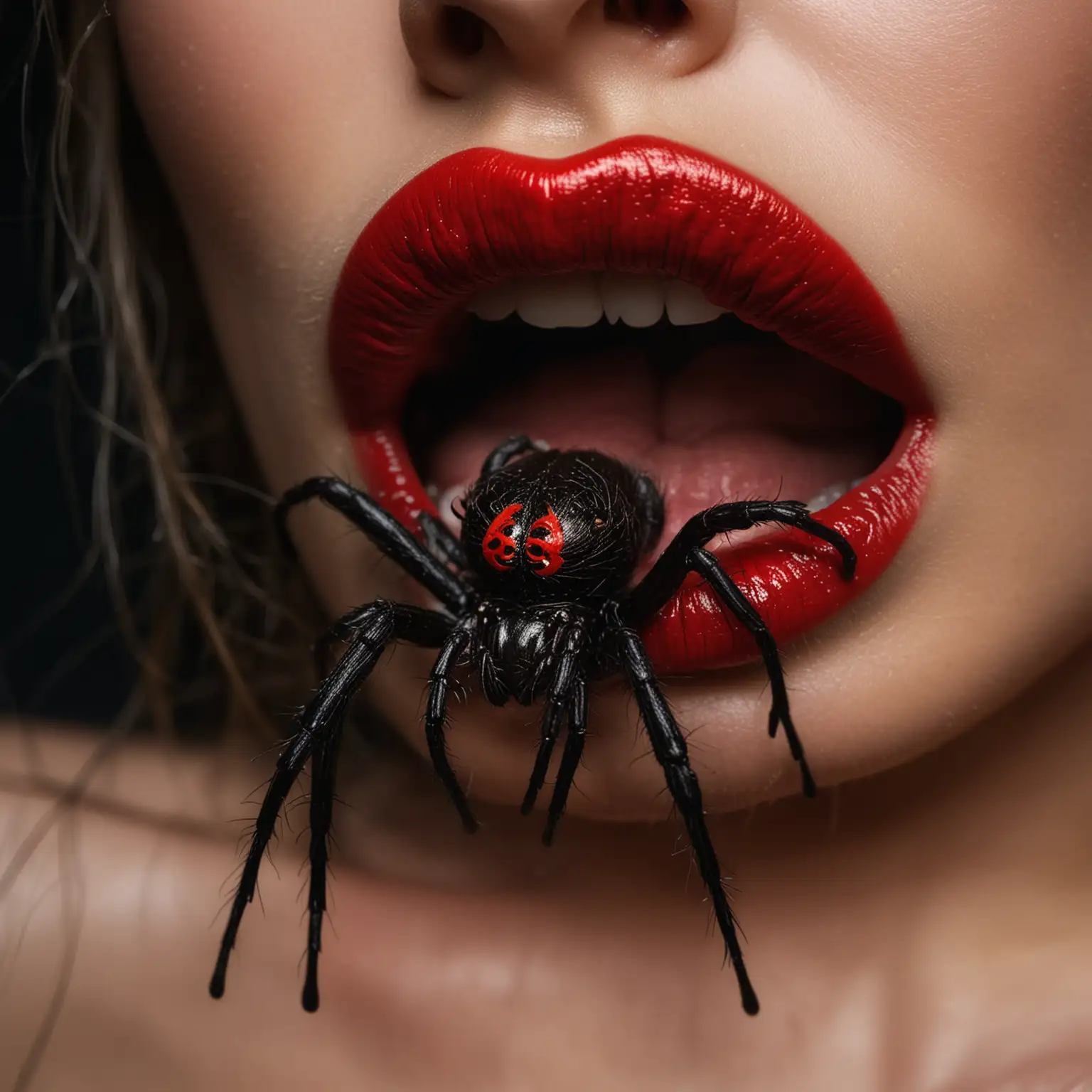 Dark scene intense, spider, erotic spider,  sexual, crawling on a womans red lips