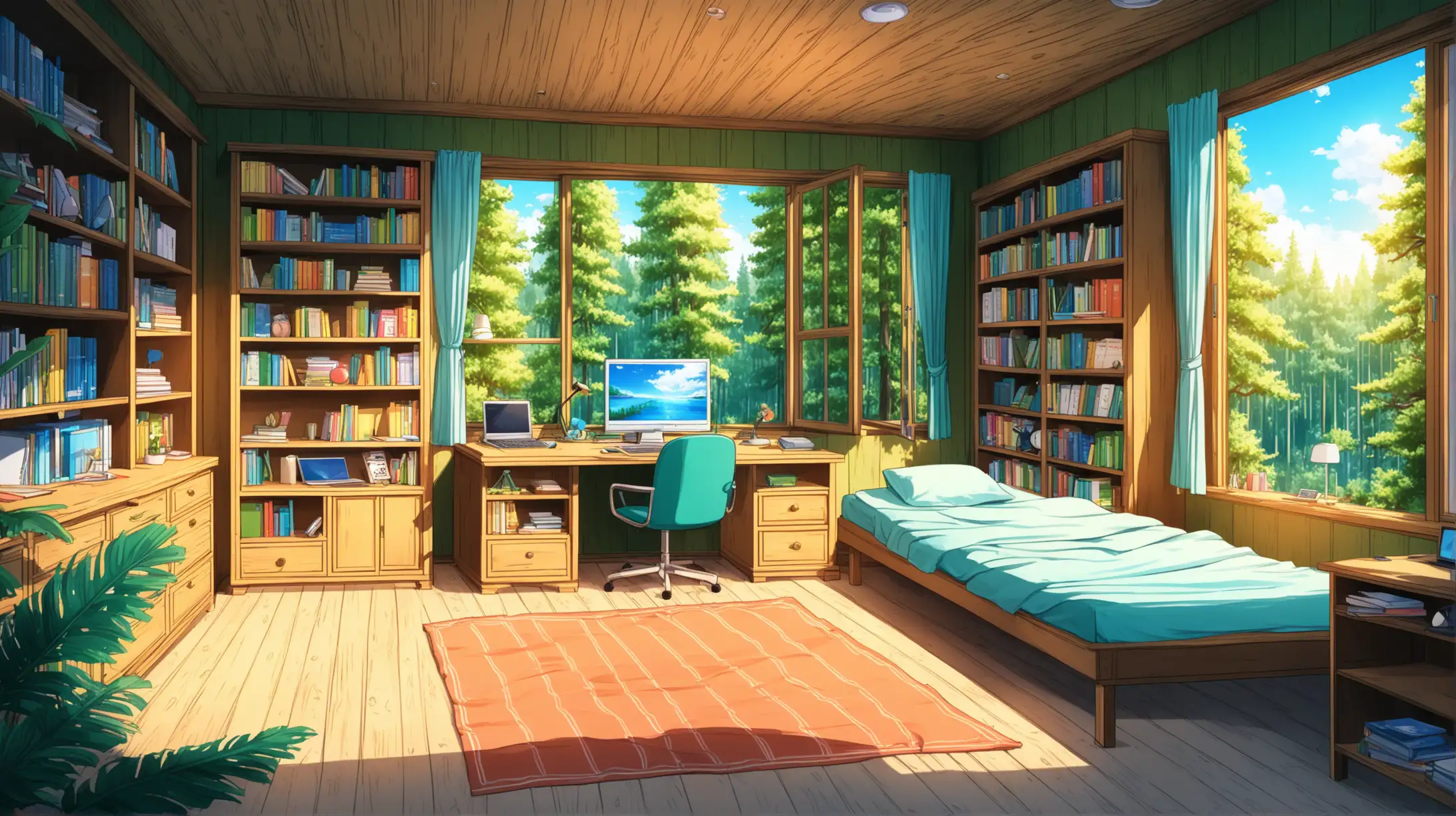 窗外森林 房间 插画 电脑桌子 暑假 床 8k  书架