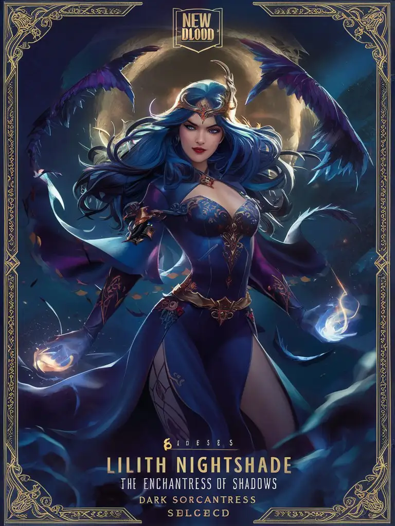  Title: 8k "New Blood Collectables" featuring "Lilith Nightshade, the Shadow Enchantress" type "Dark Sorceress" in a detailed 8k background with dark, mysterious elements and a detailed border.

Stats: Strength: 7/10, Speed: 8/10, Intelligence: 9/10, Fear Factor: 9/10

Abilities: Shadow Manipulation: Manipulates shadows to attack and defend. Mind Control: Controls the minds of others with a touch. Dark Portal: Creates portals to travel through shadows. Nightmare Vision: Causes enemies to experience their worst fears.

Description: Lilith Nightshade uses her dark powers to manipulate and control, spreading fear and chaos wherever she goes.